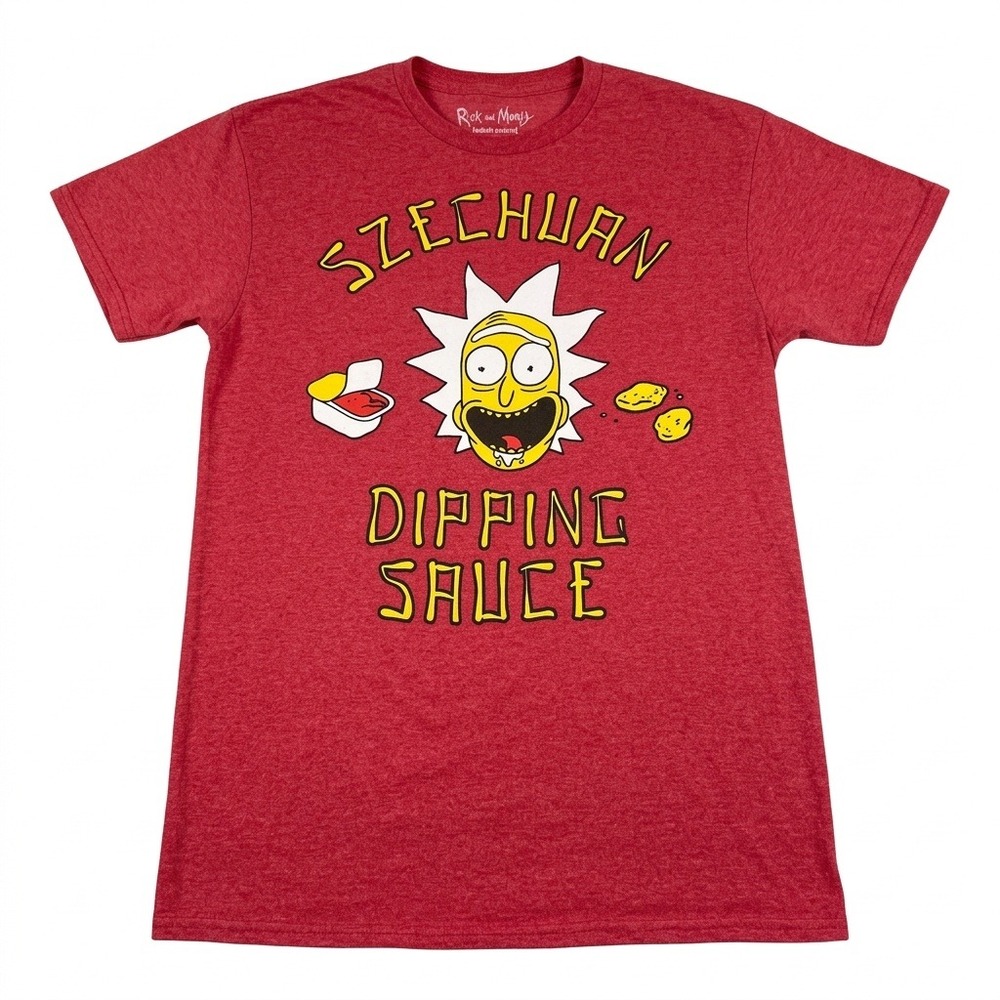 Rick and Morty T Shirt Adult M Medium Red Heather Szechuan Dipping Sauce Ripple
